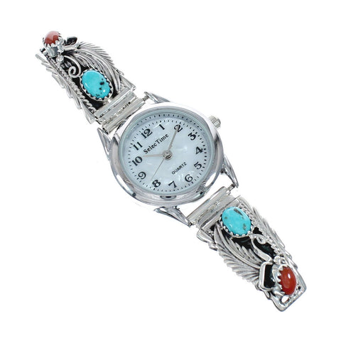 Navajo Sterling Silver Leaf Turquoise And Coral Watch NX11586